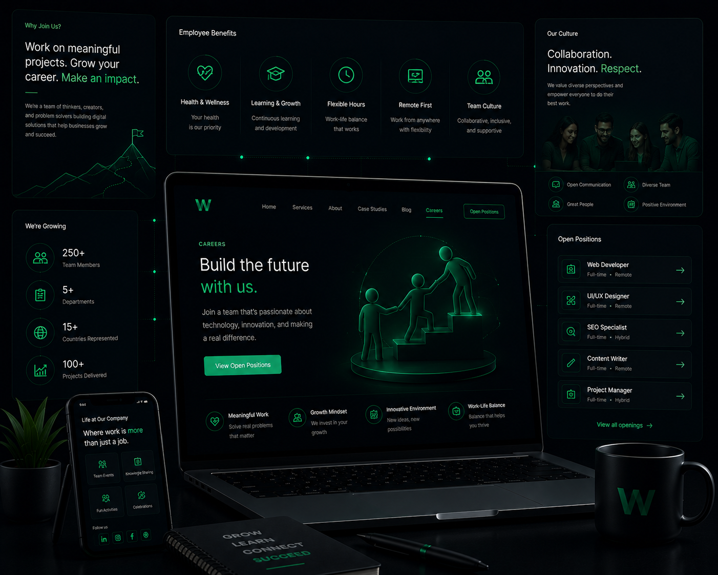 Life at WebVue: the careers experience across laptop and mobile showing employee benefits, our culture, team growth stats and open positions