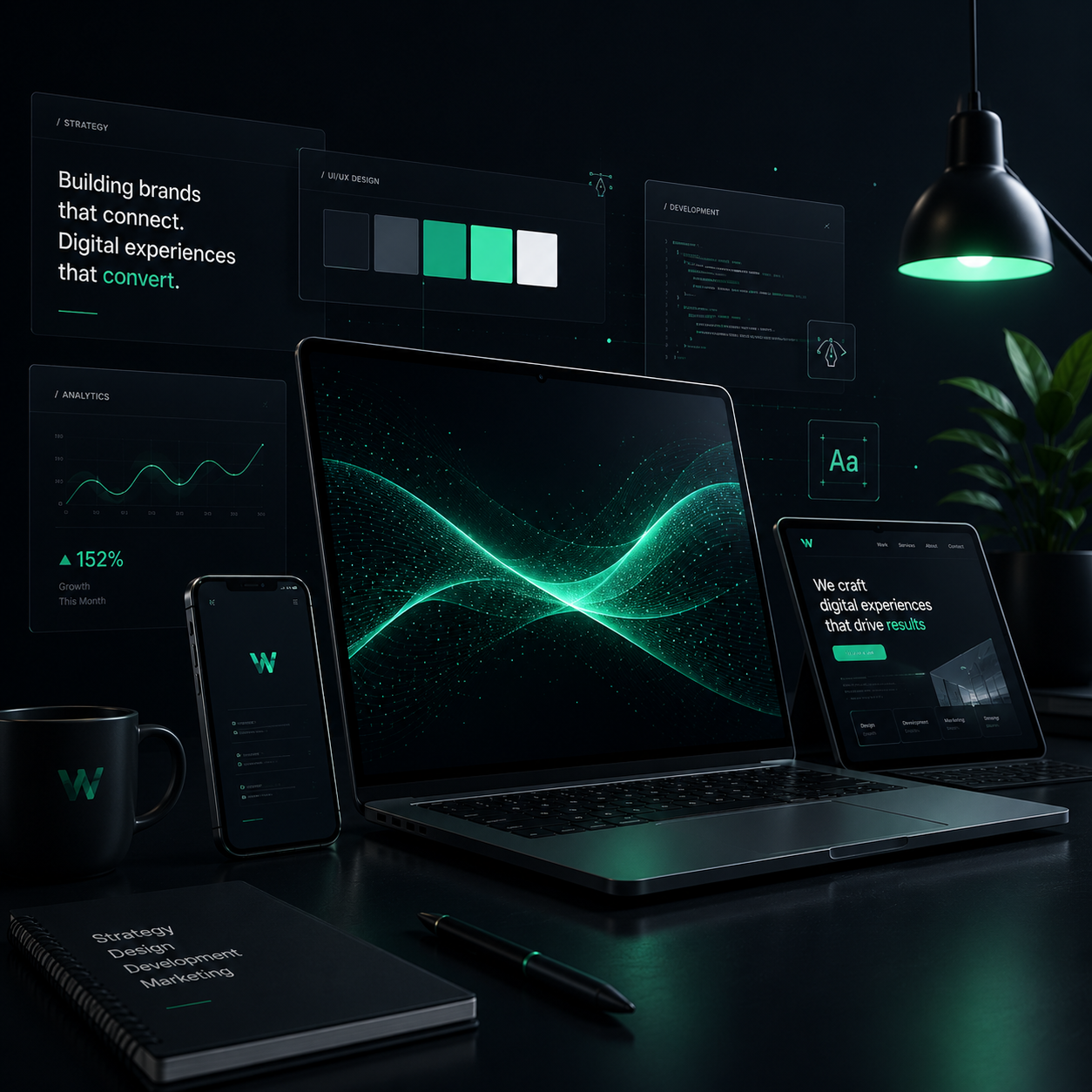 WebVue digital agency workspace — a laptop, tablet and phone on a dark desk showing brand strategy, UI/UX design and development work with the WebVue logo, an analytics panel reading 152% growth and the tagline building brands that connect, digital experiences that convert.