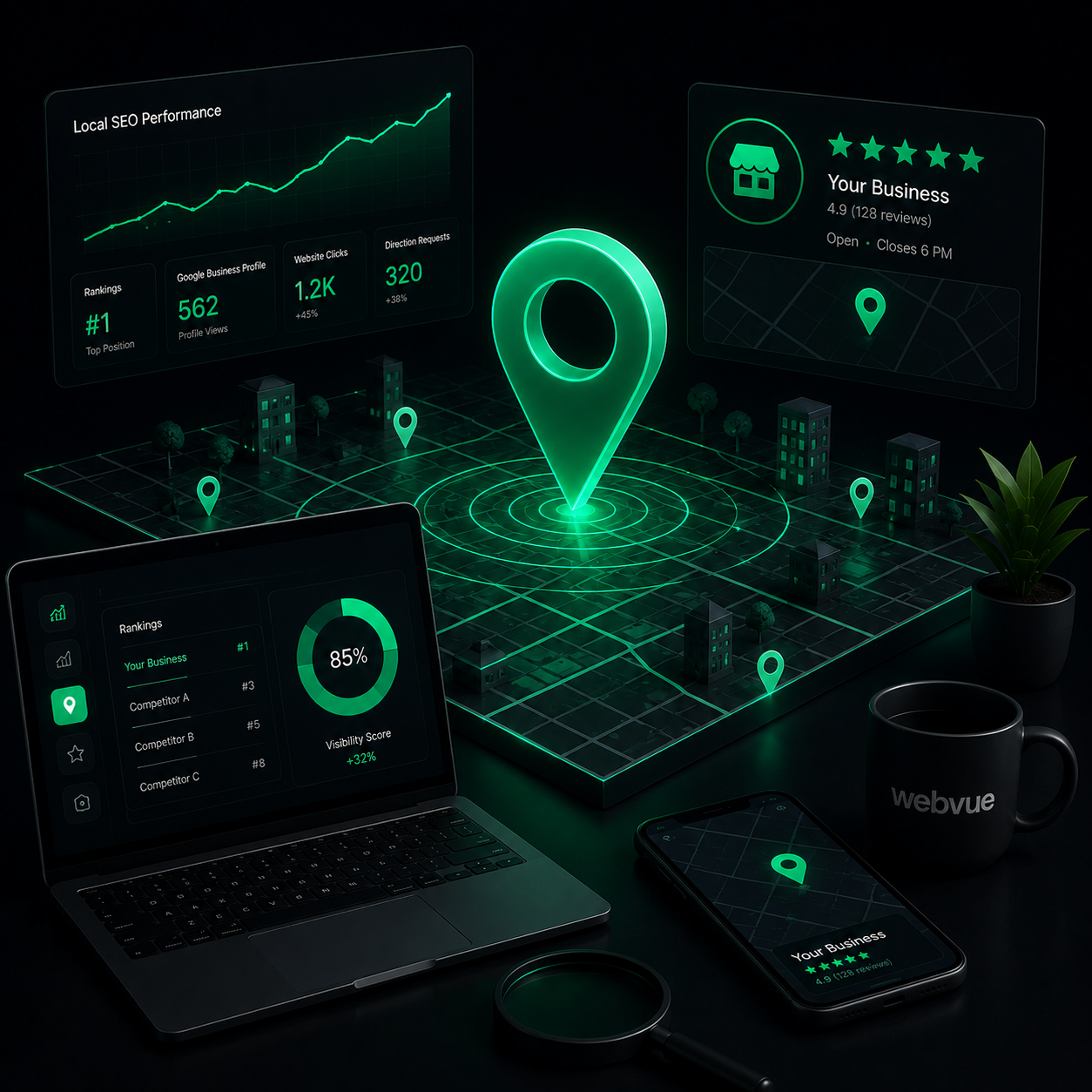 Local SEO performance for a business: a map with a location pin, #1 local ranking, Google Business Profile views, reviews and a visibility score shown across laptop and mobile