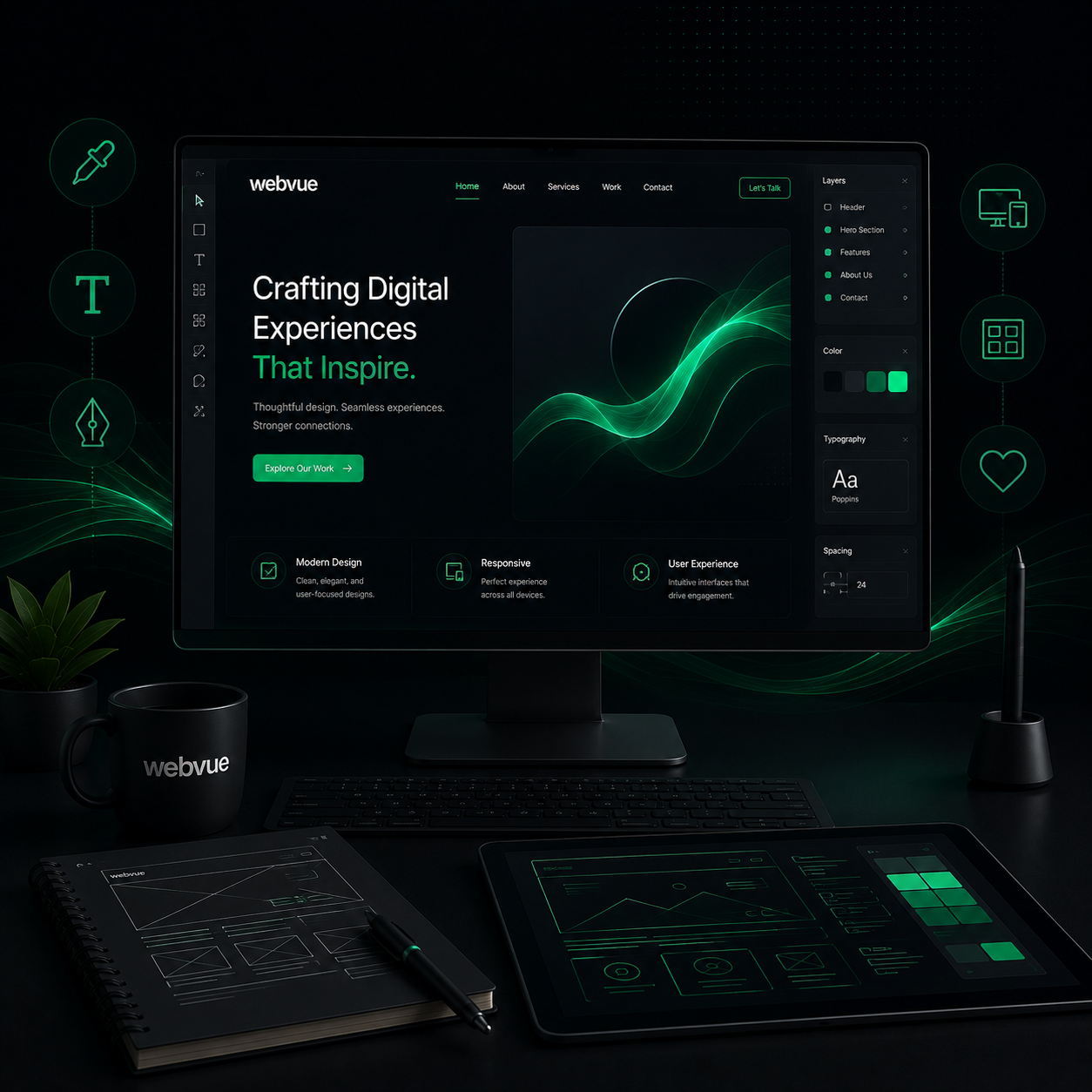 Bespoke web design workspace: a WebVue website mockup on a monitor with layers, color, typography and spacing panels, beside wireframe sketches on a tablet and notebook