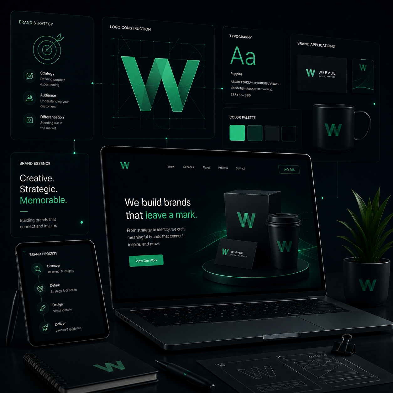 Brand identity applied across stationery and screens
