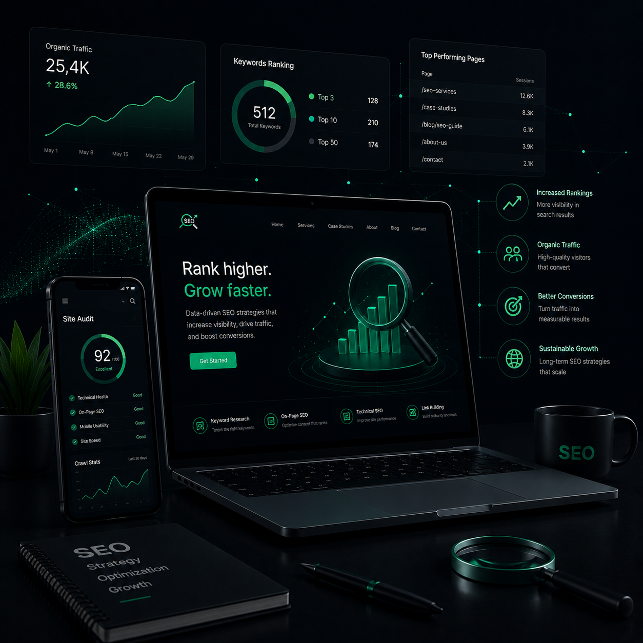 SEO performance dashboard showing traffic growth