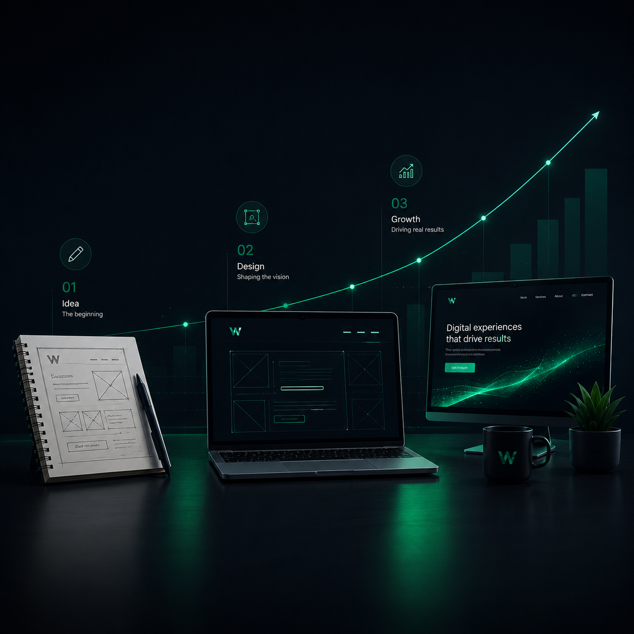 WebVue journey from wireframe sketch to a live site with a rising growth curve